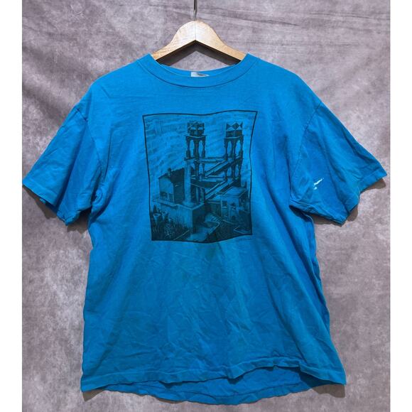 VINTAGE 1988 M.C. Escher Waterfall Art Print T-Shirt Teal Size XL - Picture 1 of 5